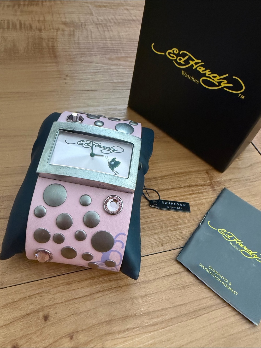 Ed Hardy Pink Studded Rockstar Cuff Watch Swarovski Crystals BNIB Vintage Y2K